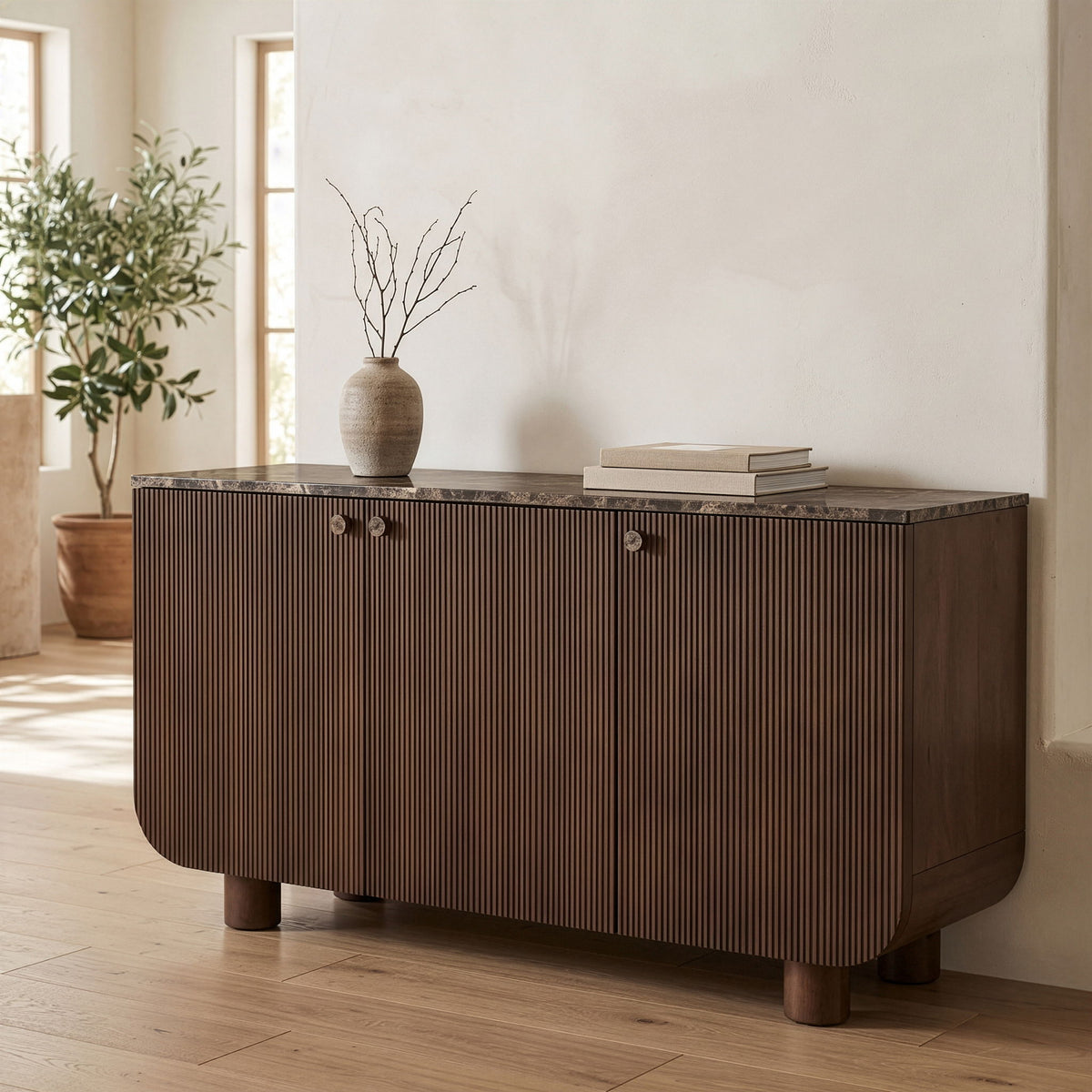 Dark brown mango wood buffet with two doors, round knobs, and ribbed front panels