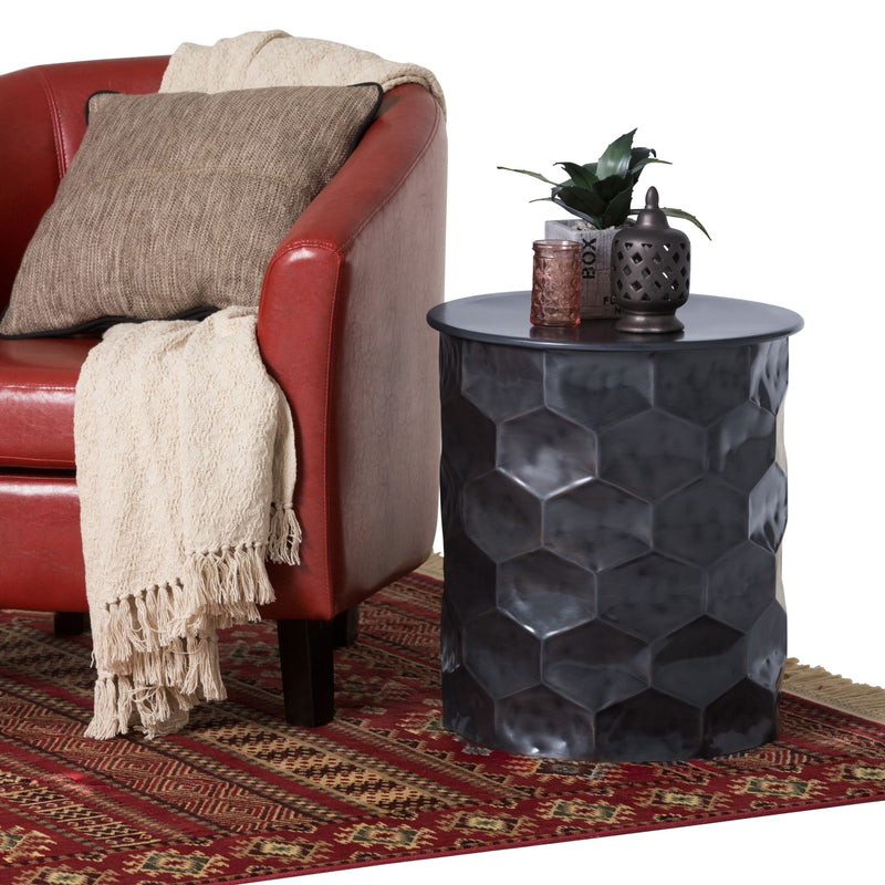 Handcrafted metal storage side table, round dark finish with geometric hex panels