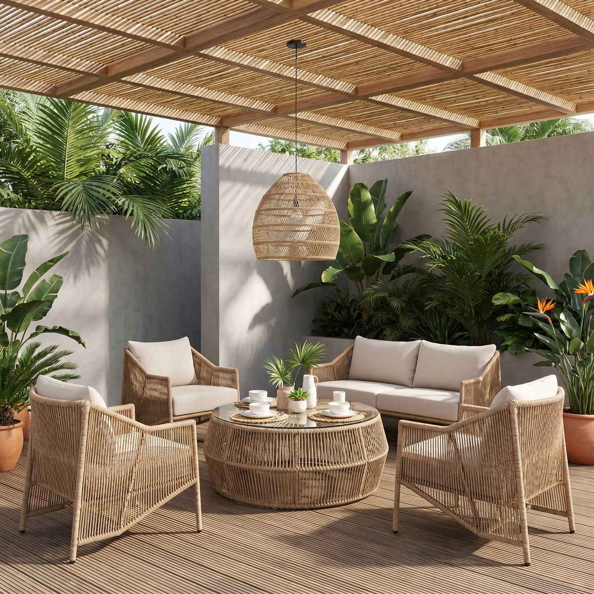 Coastline - Tempered Glass Top And Wicker Outdoor Patio Coffee Table - Natural | Natural