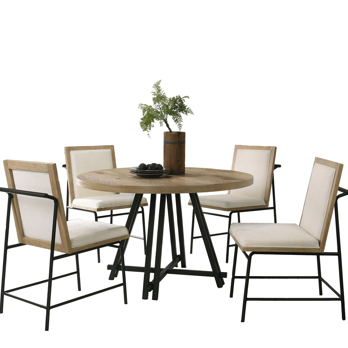 Tate - Round Dining Table With Cream Color Upholstered Chairs (Set of 5) - Oak Finish
