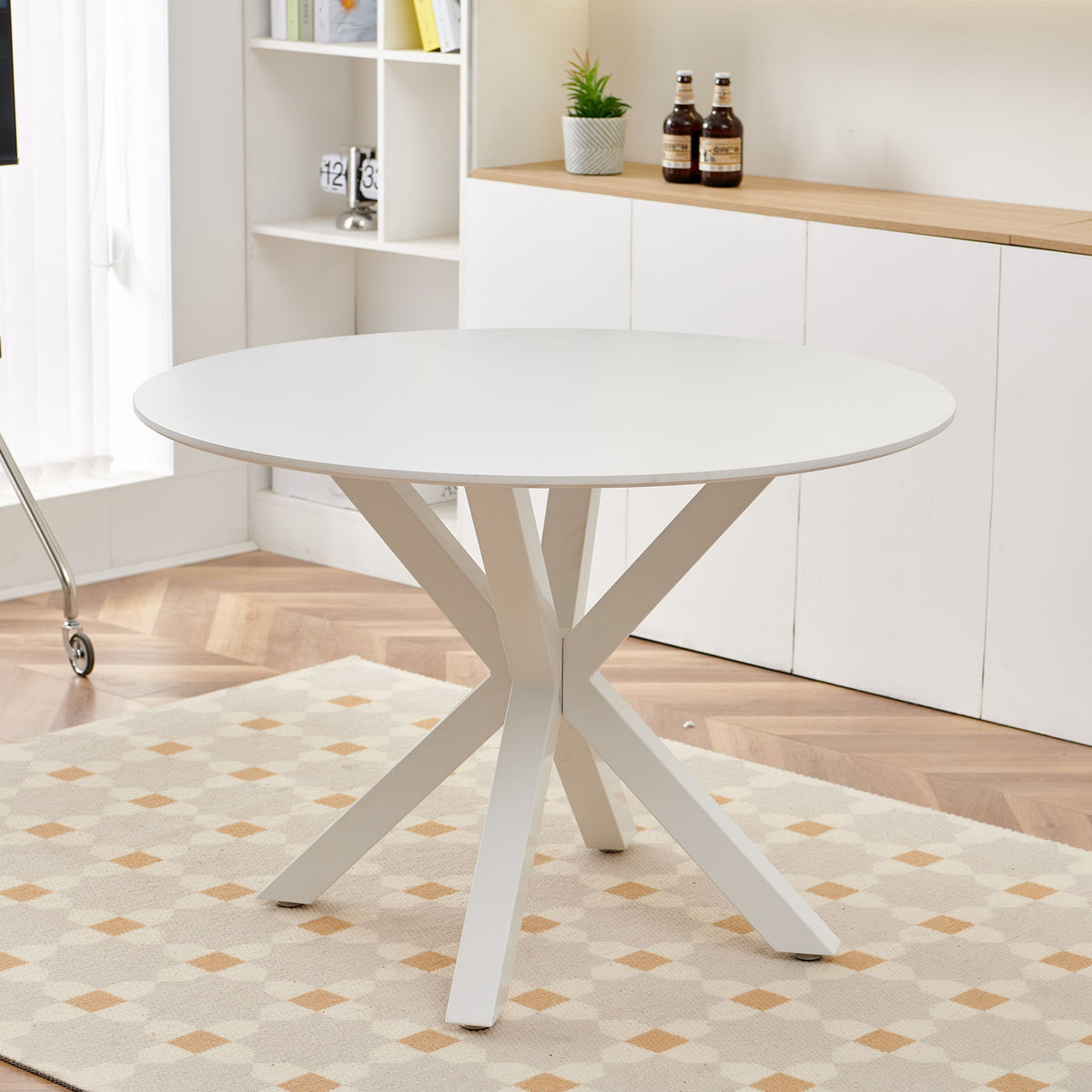 Table Mid-Century Dining Table For 4 - 6 People With Round MDF Table Top, Pedestal Dining Table, End Table Leisure Coffee Table, Cross Leg