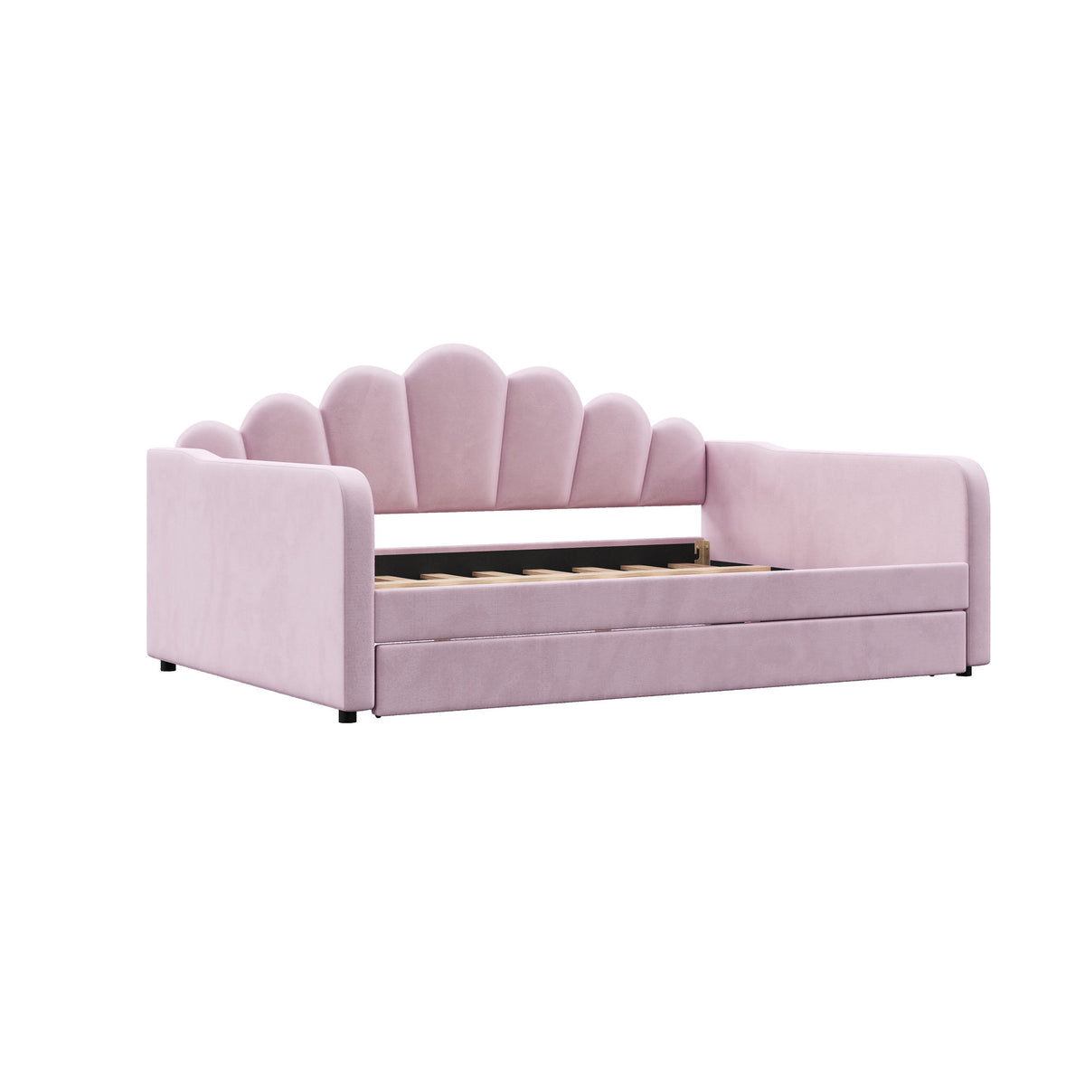 Lavender upholstered daybed frame with shell-style tufted headboard and padded arms