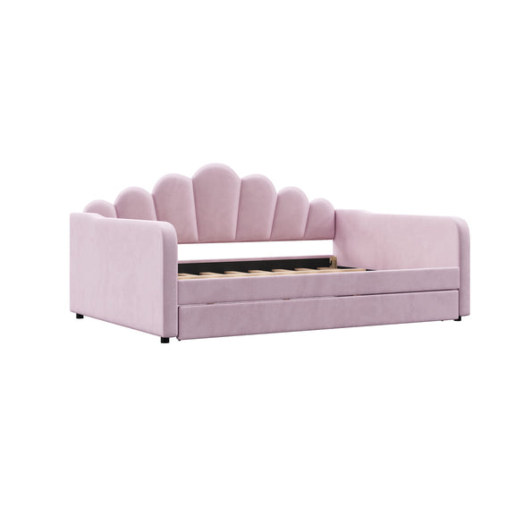 Lavender upholstered daybed frame with shell-style tufted headboard and padded arms