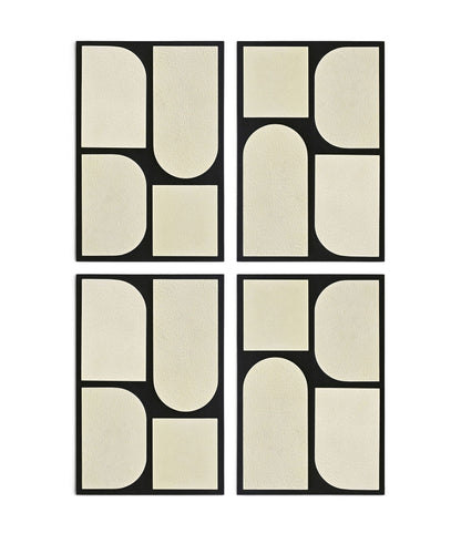 Set of 4 wood wall art panels with black frame and light neutral abstract shapes