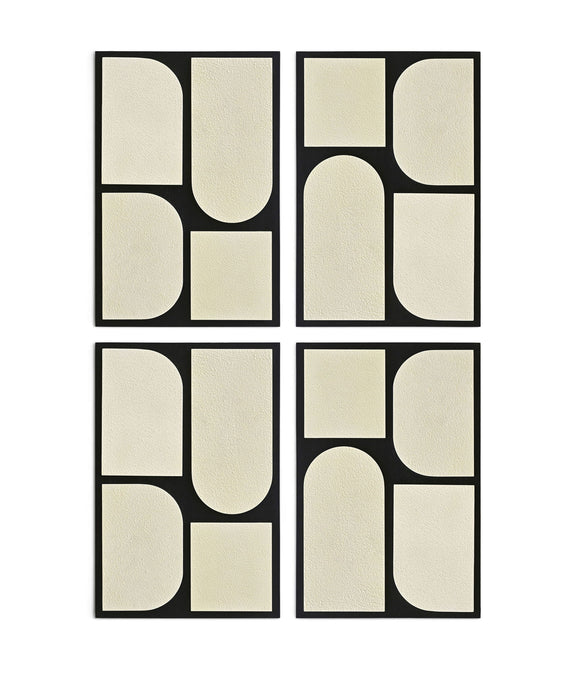 Set of 4 wood wall art panels with black frame and light neutral abstract shapes