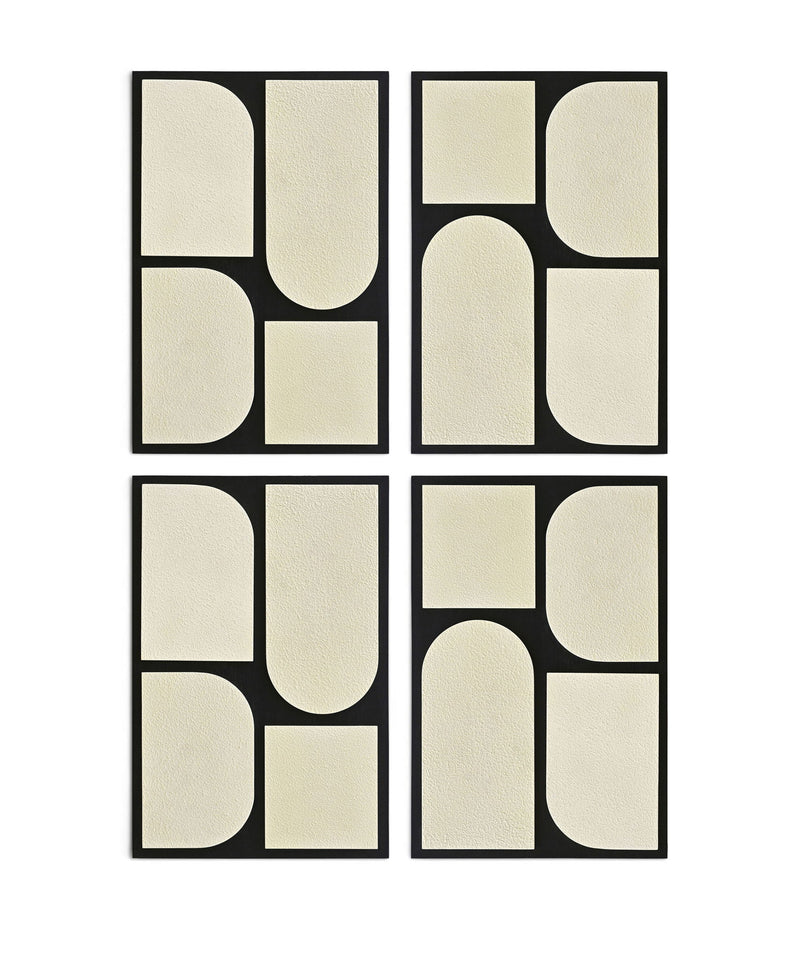 Set of 4 wood wall art panels with black frame and light neutral abstract shapes