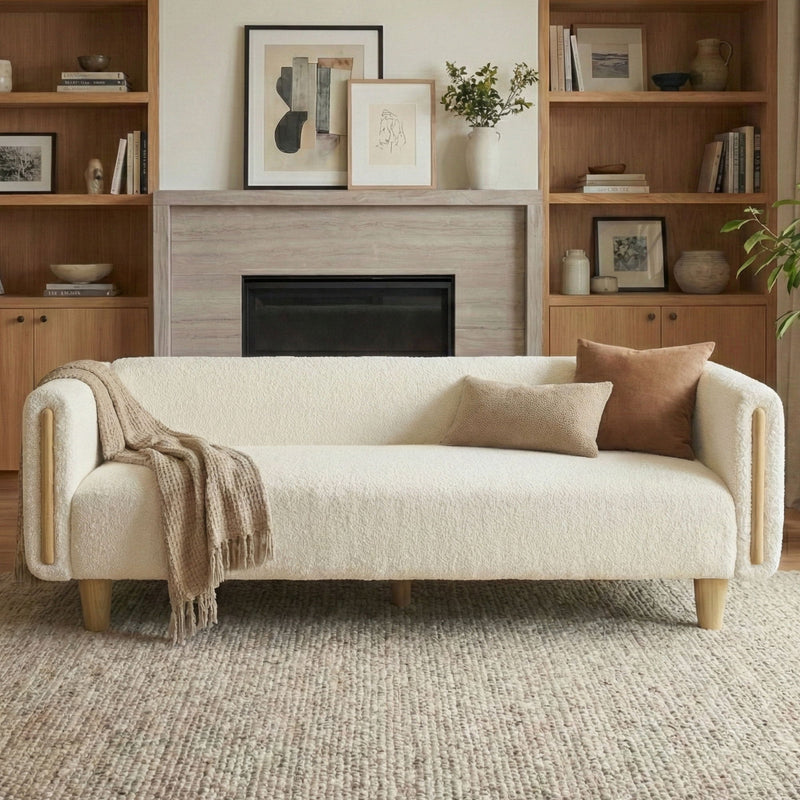 3-seater sofa with armrests, light beige upholstered seat with rounded armrests
