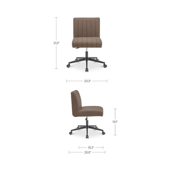 Light brown office chair with padded back and seat, swivel caster base; size dimensions