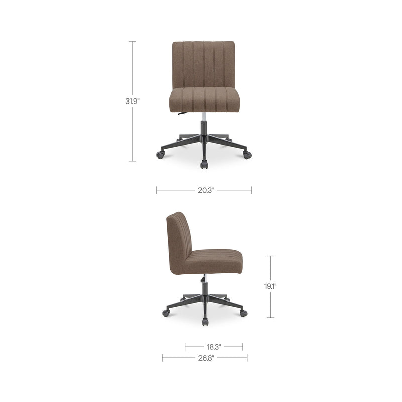 Light brown office chair with padded back and seat, swivel caster base; size dimensions