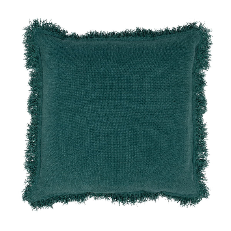 Emerald green square throw pillow with fringed edges and woven fabric