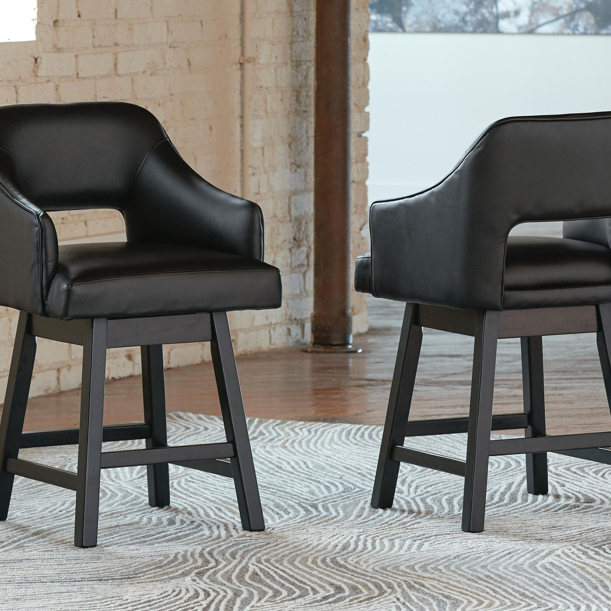 Set of 2 black upholstered swivel barstools with arms and square legs