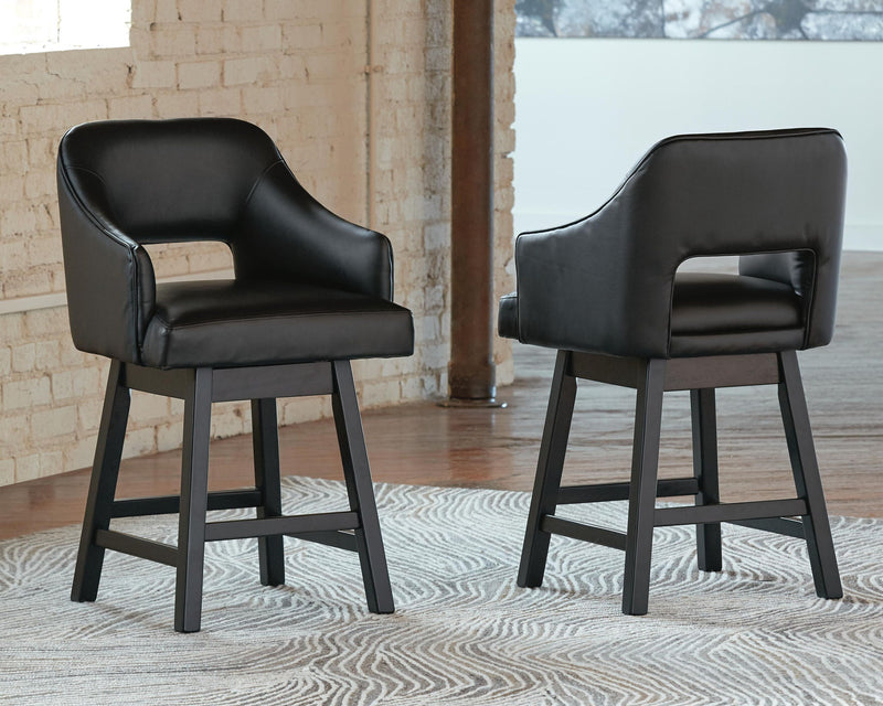 Set of 2 black upholstered swivel barstools with arms and square legs