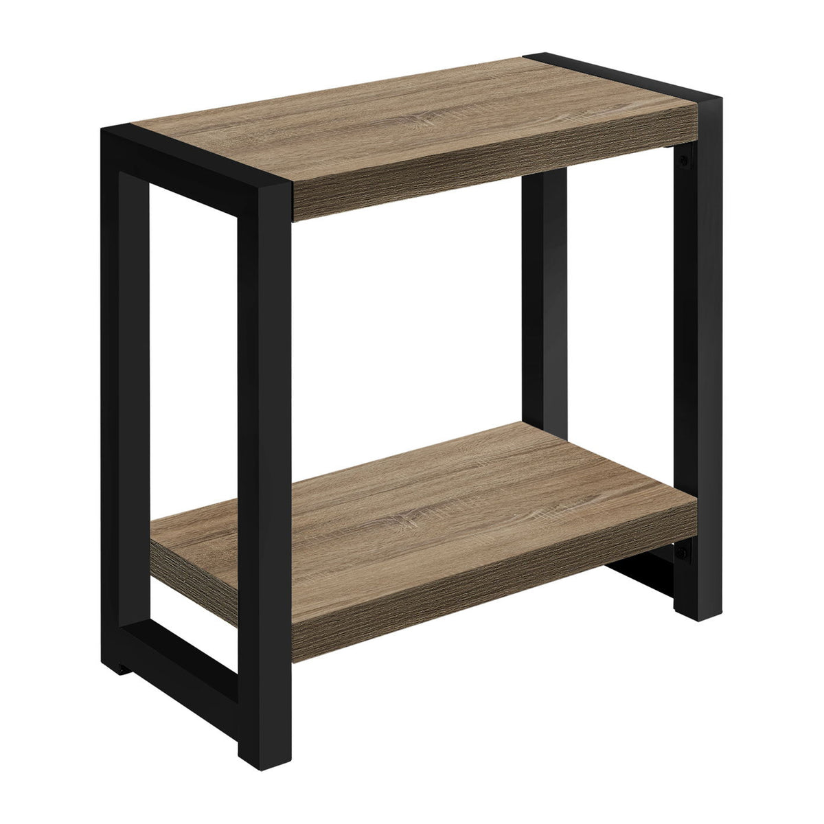 Brown wood 2-tier narrow side table with open shelves and black frame