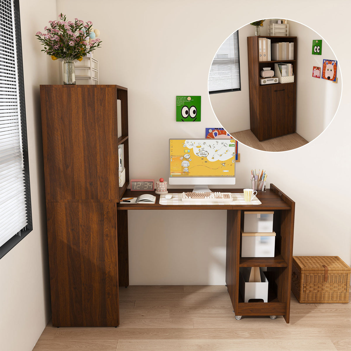 Dark brown office desk unit with shelves and pull-out? open side storage on wheels
