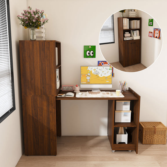 Dark brown office desk unit with shelves and pull-out? open side storage on wheels
