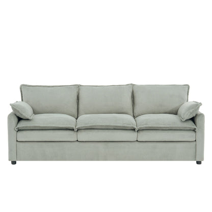 Light gray 3-seat sofa with three seat cushions and side storage pockets on the arms