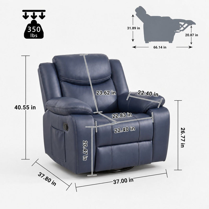 Blue faux-leather recliner chair with padded armrests and storage pocket
