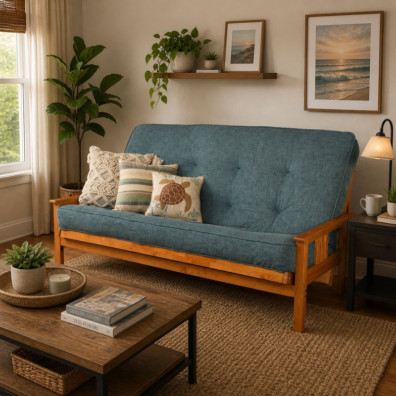 Queen-size futon frame sofa with blue fabric and decorative patterned pillows