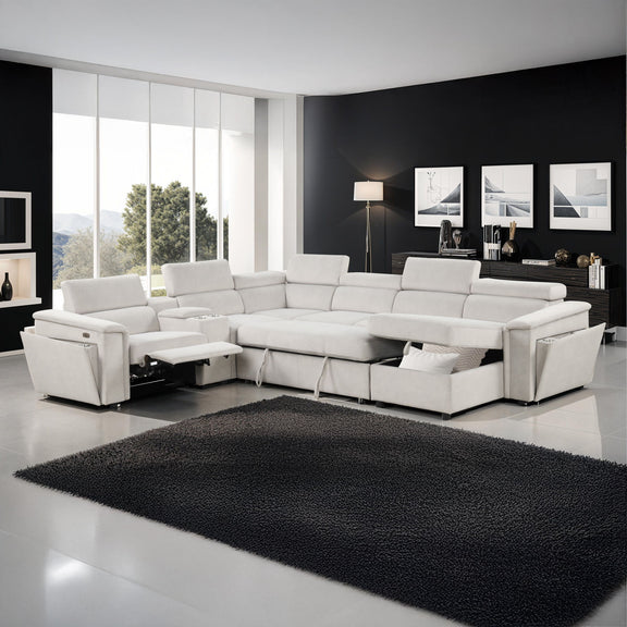 Beige power recliner sleeper sectional with extended chaise and recliner ottoman