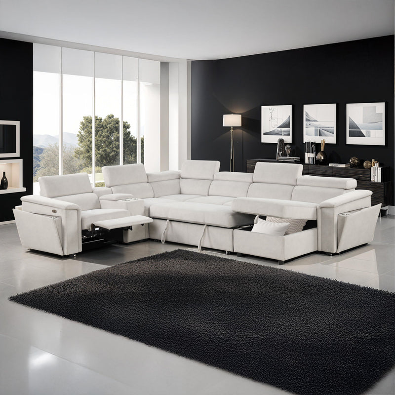 Beige power recliner sleeper sectional with extended chaise and recliner ottoman