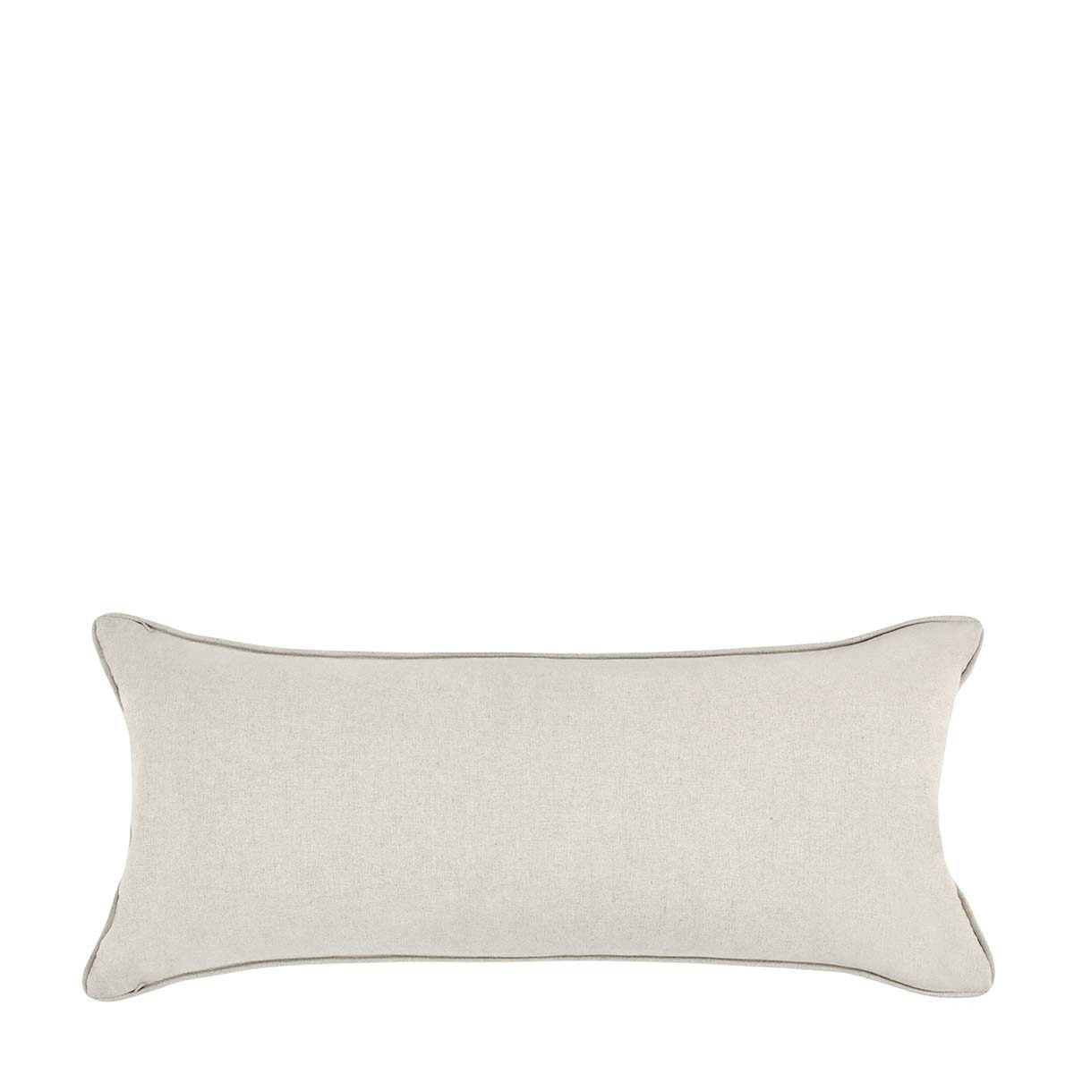 Rectangular lumbar pillow back in light gray fabric with stitched edges