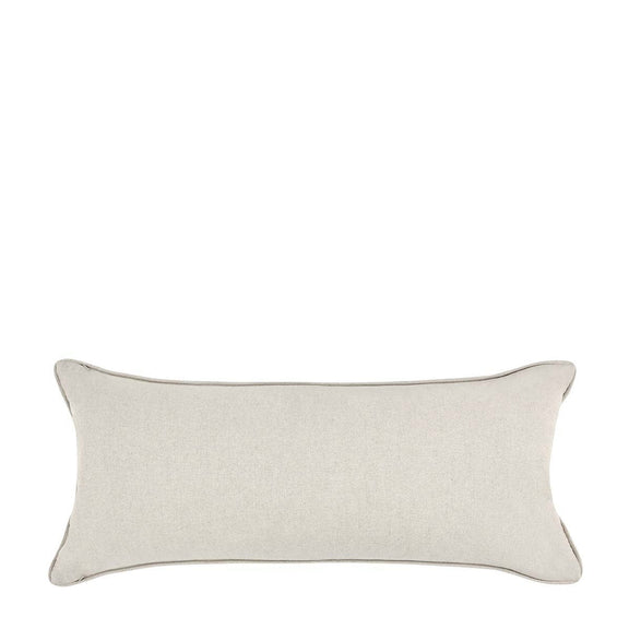 Rectangular lumbar pillow back in light gray fabric with stitched edges