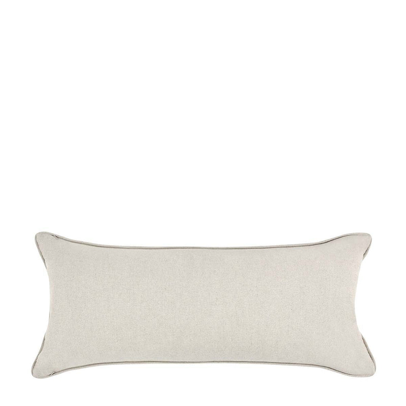 Rectangular lumbar pillow back in light gray fabric with stitched edges