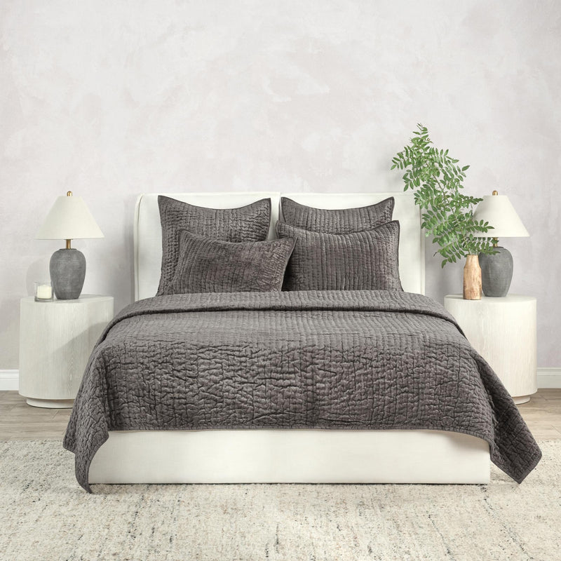 Gray velvet quilt set with quilt and coordinated bed pillows