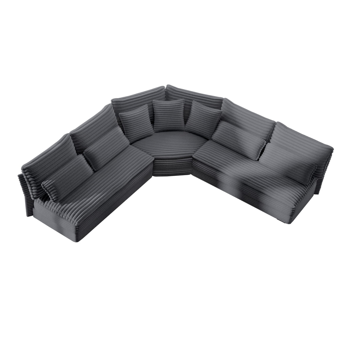 Dark gray L-shaped sectional sofa with curved corner, striped cushions, and 7 pillows