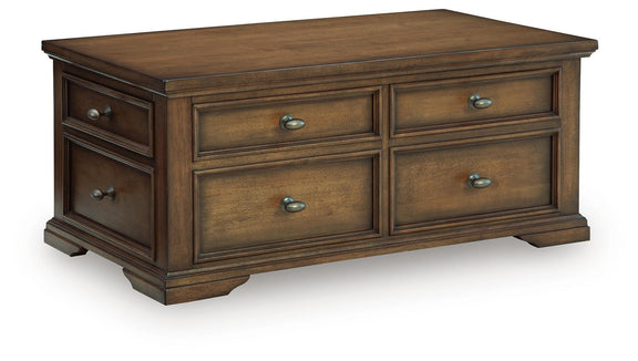 Dark brown wood coffee table with two drawers and three metal pulls, square top