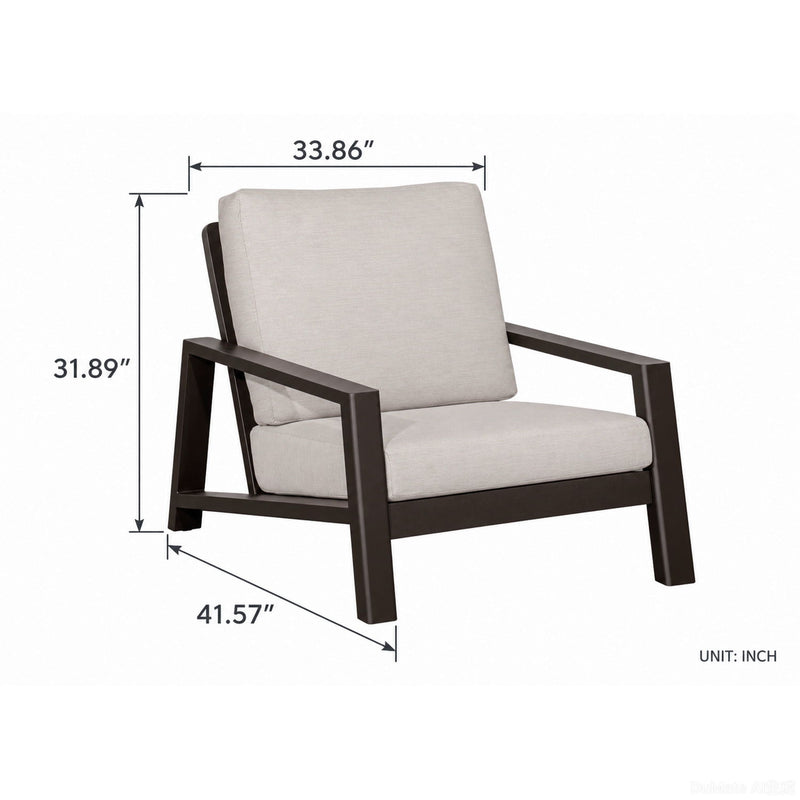Dark espresso lounge chair with gray cushions, 33.86" W and 31.89" H shown