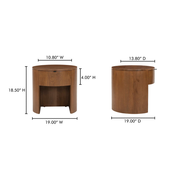 Brown one-drawer nightstand shown with height and width measurements