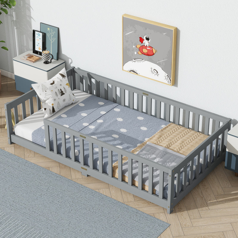 Twin Size Floor Bed with Fence without Door, Rubber Wood Floor Bed with Safety Guardrails, Grey
