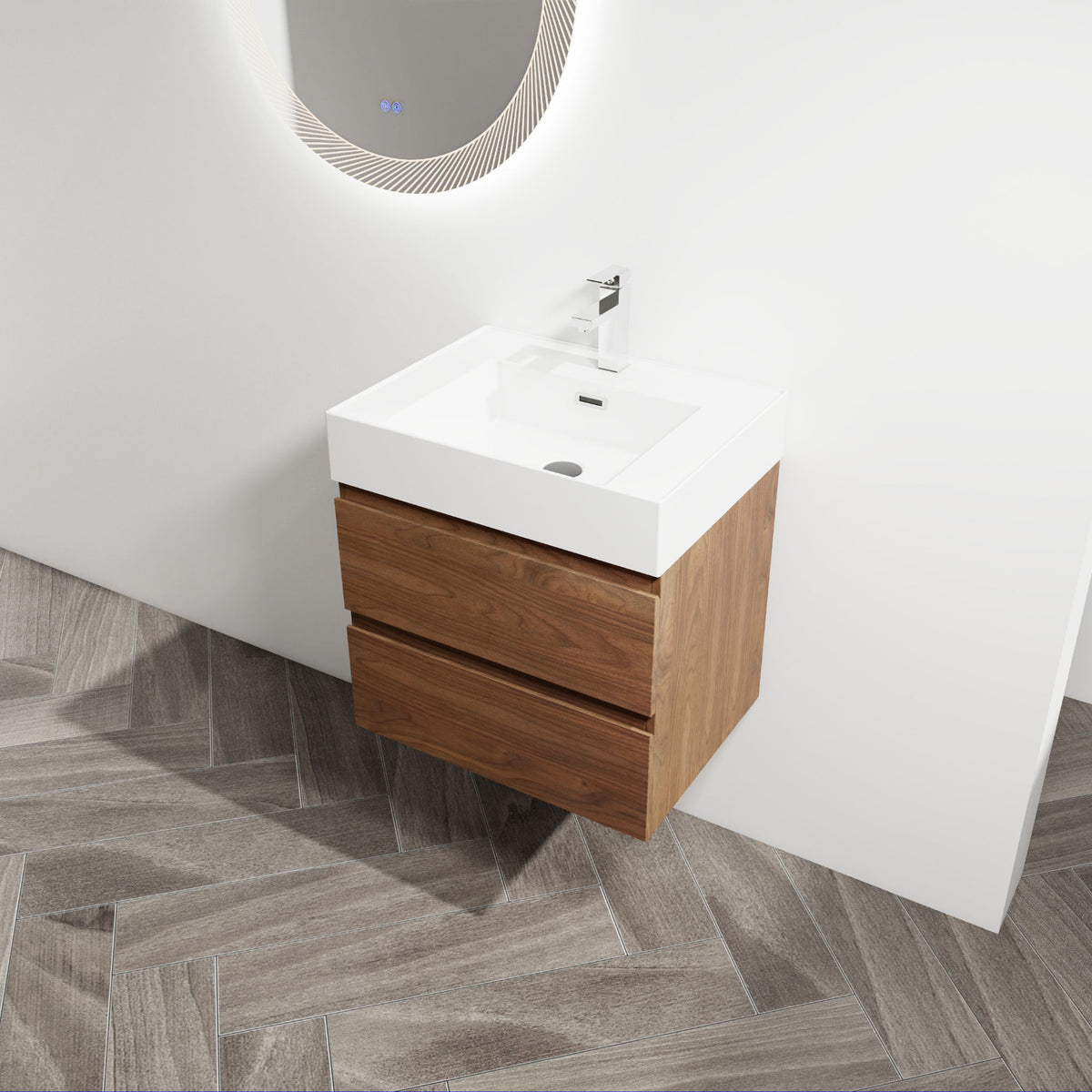 Wall-mounted bathroom vanity with sink, dark brown 2 soft-close drawers and white square basin