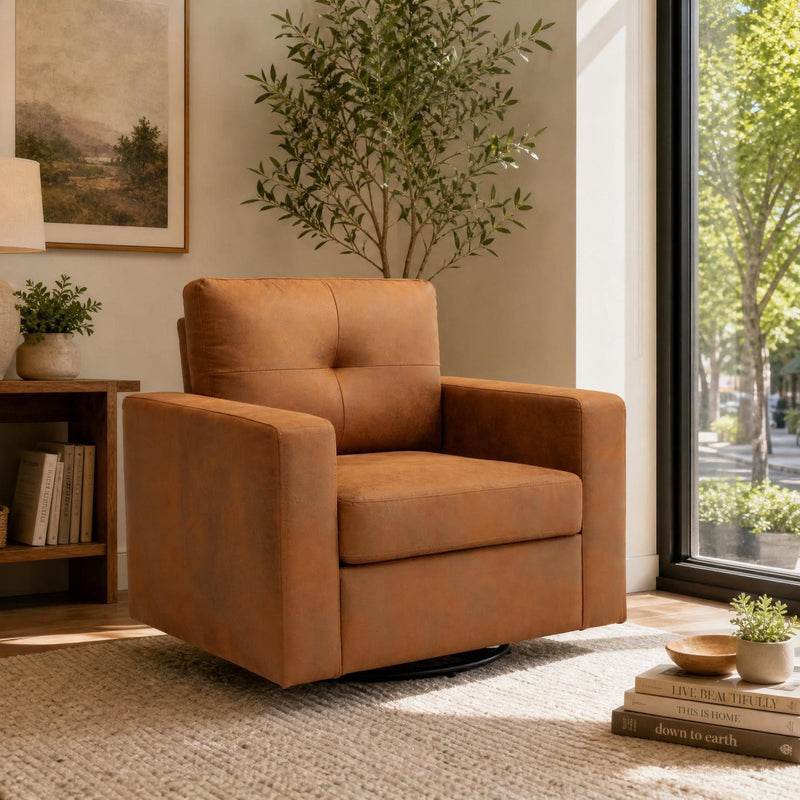 Light brown upholstered single sofa chair with armrests and padded backrest