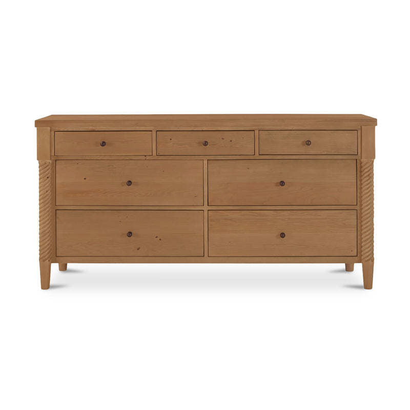 Natural wood dresser with 7 drawers, metal knobs, and tapered legs