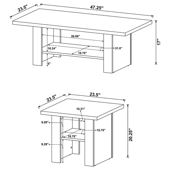 Black coffee table dimensions diagram with open shelf and rectangular tabletop