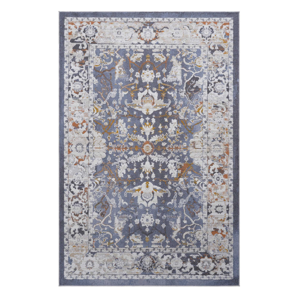 Blue traditional area rug, distressed medallion and floral scrollwork, gray and rust details