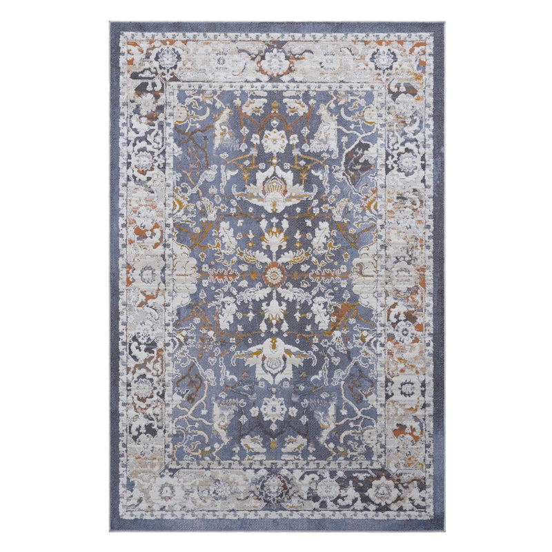 Blue traditional area rug, distressed medallion and floral scrollwork, gray and rust details