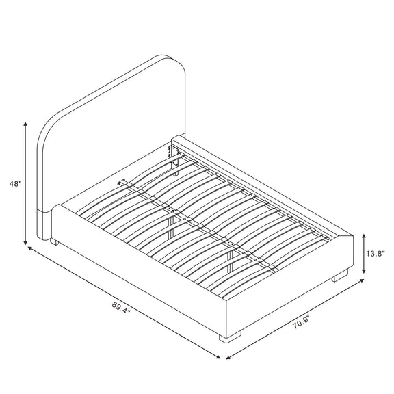 Upholstered bed frame with rounded headboard and slatted base, measurement diagram view