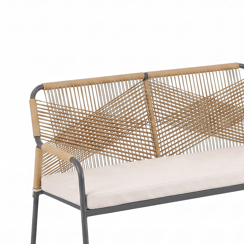 Outdoor loveseat close-up with light brown woven back and light seat cushion