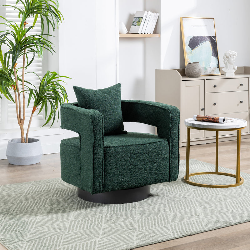 Green boucle swivel accent chair with black base, curved arms and cushioned seat