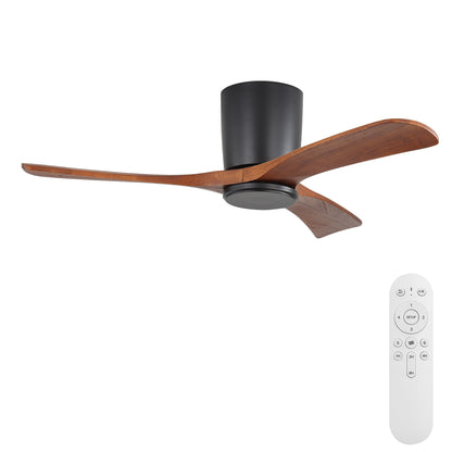 Ceiling fan with dark wood 3 blades and black flush-mounted motor