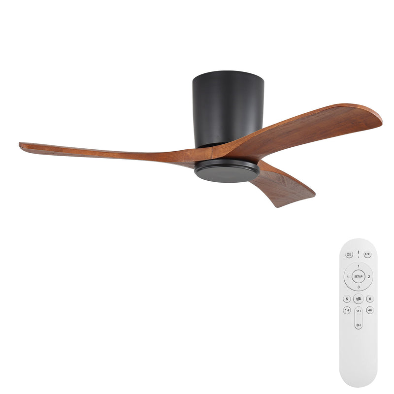 Ceiling fan with dark wood 3 blades and black flush-mounted motor