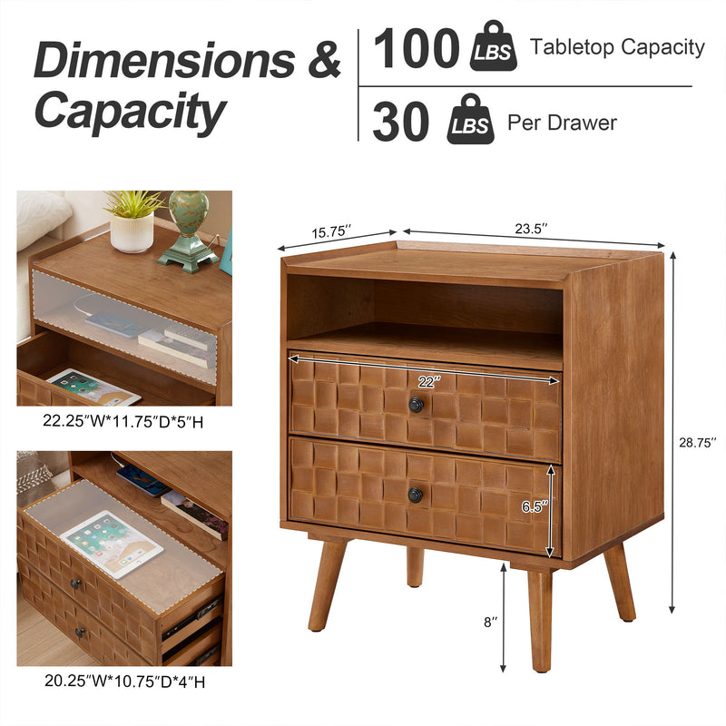 Light brown nightstand dimension diagram with drawer and shelf measurements and weight capacities