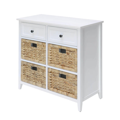 White console cabinet with two drawers and four woven basket doors, black knobs
