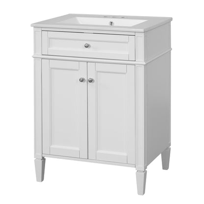 White bathroom vanity with white top, two doors and center drawer with round metal knobs