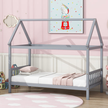 Twin House Bed with Headboard and Footboard, Twin Rubber Wood Bed with House Frame, Light Grey