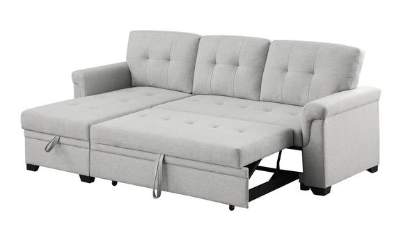 Light gray reversible sleeper sectional sofa with storage chaise, sofa unfolded