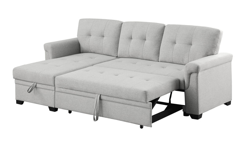 Light gray reversible sleeper sectional sofa with storage chaise, sofa unfolded